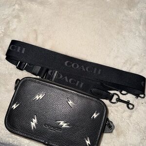 Coach Black Pebbled Leather Crossbody with Silver Bolt Motifs
